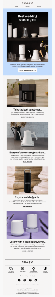 Email design highlighting National Weddings Month, with articles and insights on wedding trends and celebrations.