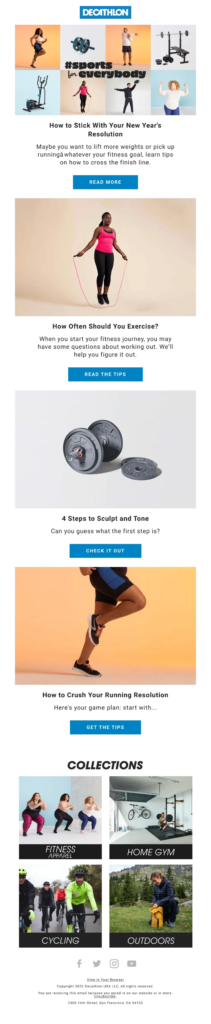 Email design of a fitness company promoting New Year resolutions with engaging visuals and motivational content.