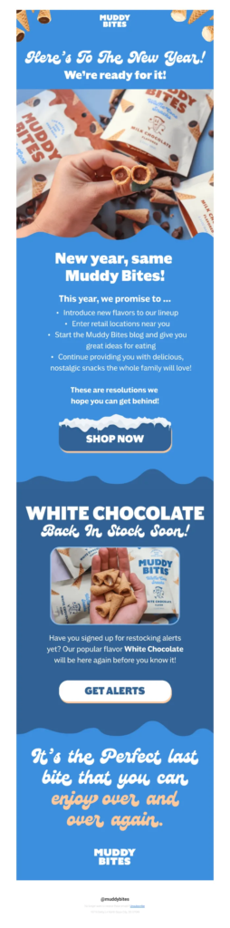 Email design from the white chocolate website, showcasing New Year resolutions that promote balanced enjoyment of sweets.