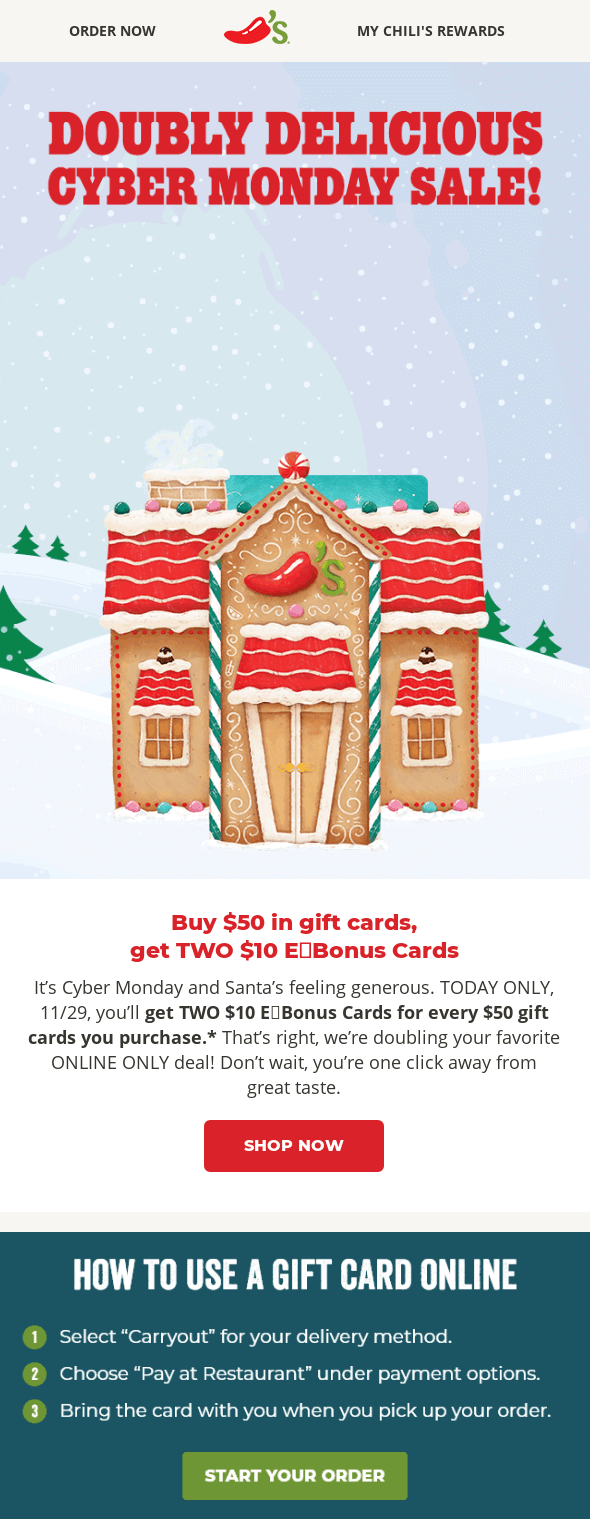Email template showcasing a Cyber Monday sale with vibrant graphics and promotional text for enticing customer engagement.