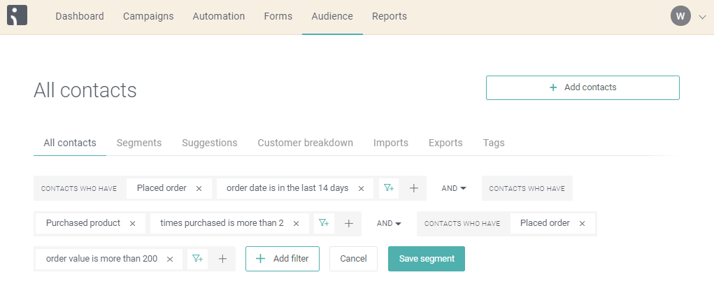 Company website form, allowing users to segment clients across various marketing channels based on their actions.