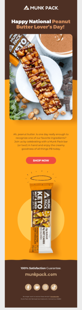 Email design featuring a tasty peanut butter product, highlighting Peanut Butter Day with eye-catching visuals and engaging layout.