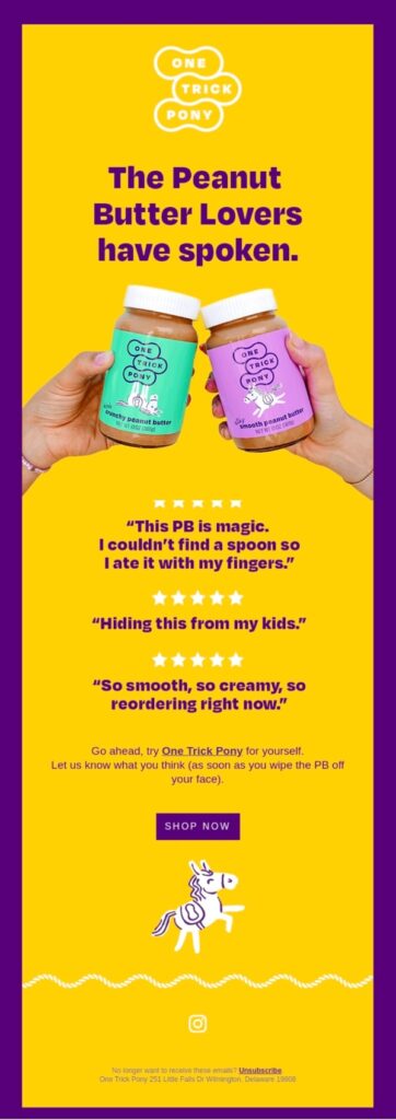 A vibrant screenshot of the peanut butter company's email, celebrating Peanut Butter Day with fun graphics and tasty recipes.