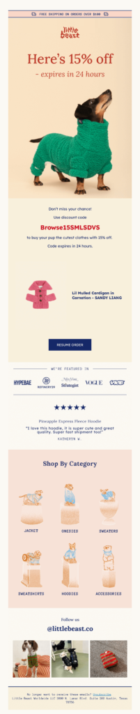 Email design dedicated to pet dress day, displaying an array of fashionable pet clothing options.