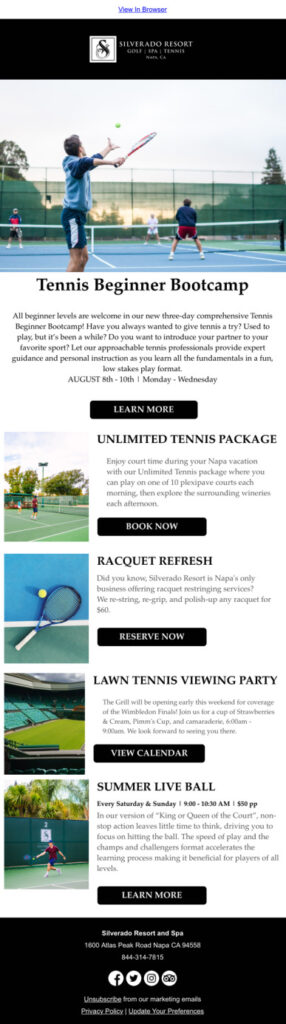 A modern tennis club email design featuring vibrant colors and engaging visuals for Play Tennis Day promotion.