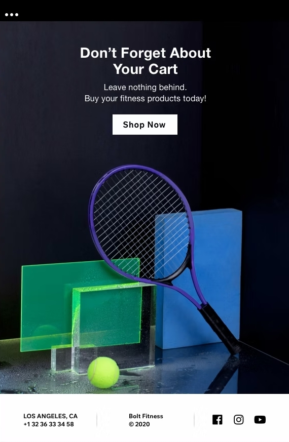 Email design with tennis racket and ball displayed together, celebrating Play Tennis Day with vibrant colors.