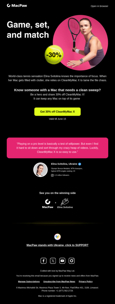 Email design featuring a black background with pink accents, promoting Play Tennis Day events and activities.