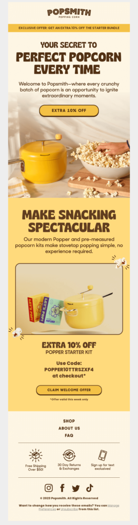 A bright yellow and white flyer advertising a snack bar, featuring popcorn as a tasty highlight.