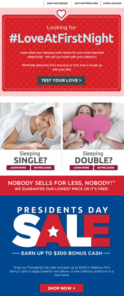A vibrant flyer promoting "Love at First Night", themed for President's Day, featuring festive decorations.