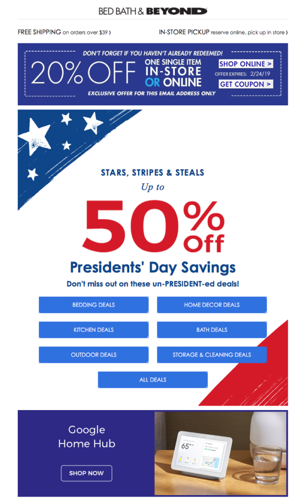 Image of a Bed Bath & Beyond coupon code promoting discounts for President's Day sales.