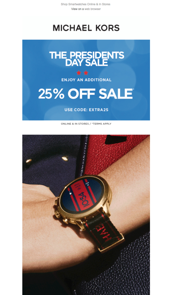 Michael Kors sale banner featuring discounts for President's Day, showcasing stylish accessories.