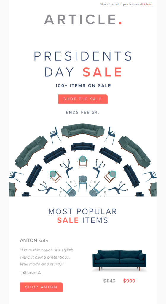 Article promoting a President's Day sale featuring discounts and special offers for shoppers.