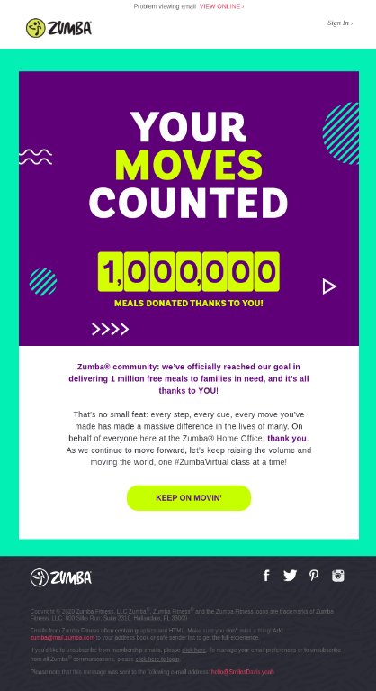 Email design of Zumba, highlighting its progress in donations.