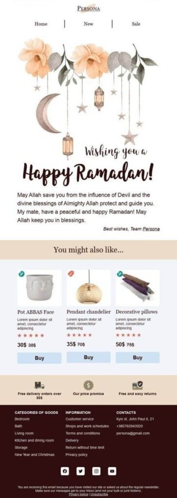 Email design showcasing a shop's Ramadan items, featuring elegant layouts and vibrant product displays.