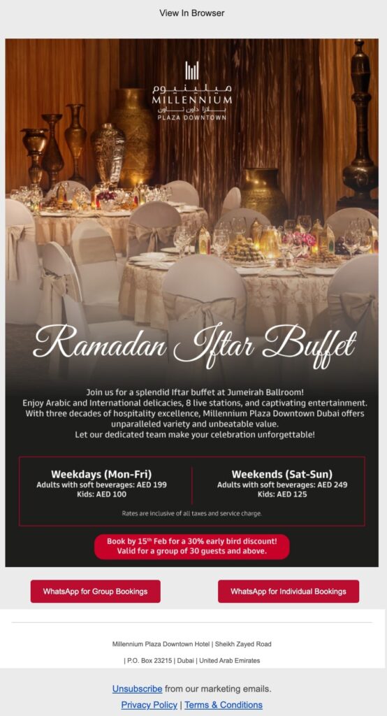 A beautifully arranged buffet showcasing a variety of dishes for Ramadan, featured prominently on the email design.