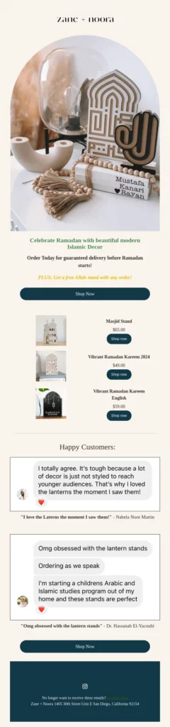 Email design for a furniture store featuring elegant layouts and Ramadan-themed decorations for a festive shopping experience.