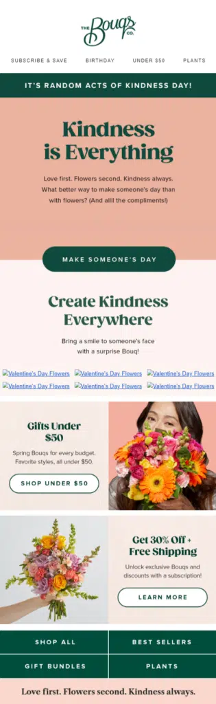 A screenshot of the Bouqs website showcasing a variety of beautiful flower arrangements for delivery.