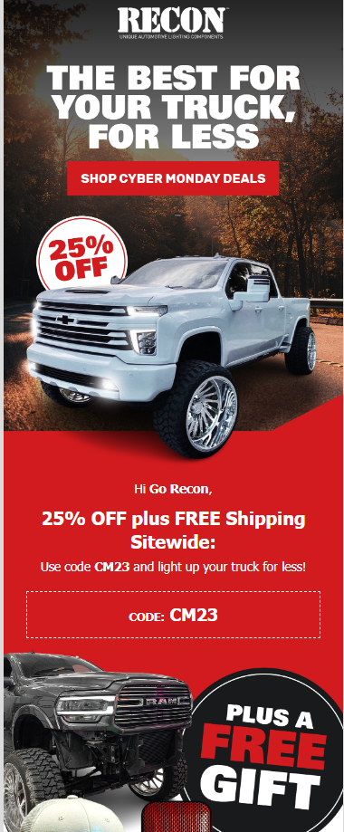 Image of a truck, promoting unique Cyber Monday offers and holiday gift-giving ideas.