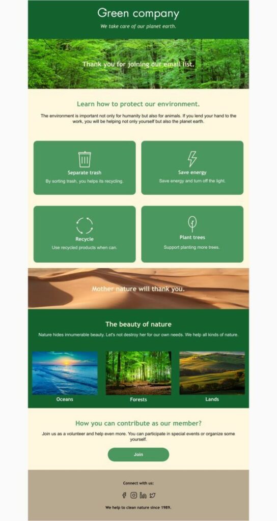 A modern green company website template featuring eco-friendly design elements and a clean, user-friendly layout.