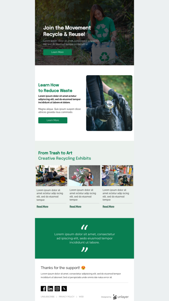 A modern emil design featuring green and white colors, symbolizing eco-friendliness and recycling initiatives.