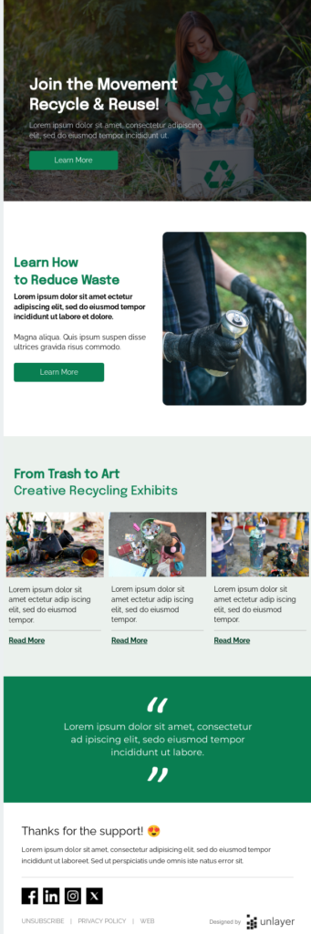 A modern emil design featuring green and white colors, symbolizing eco-friendliness and recycling initiatives.