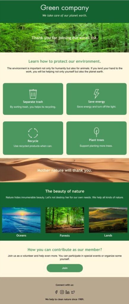 A modern green company website template featuring eco-friendly design elements and a clean, user-friendly layout.