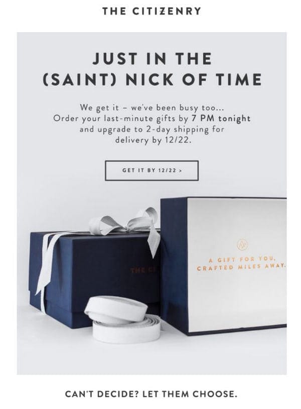 A screenshot of a email displaying the phrase "just in the saint nick of time" prominently on the page.