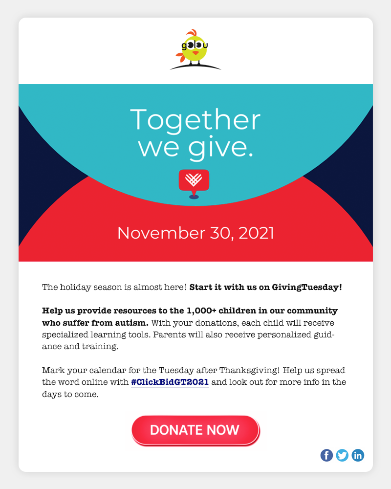 Email template titled "Together We Give," showcasing collaboration and community engagement in a professional design.