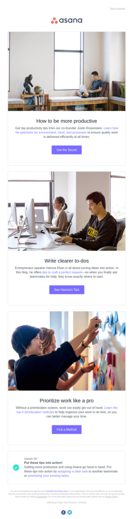 Email design showcasing various products available for purchase, themed around Single Tasking Day.