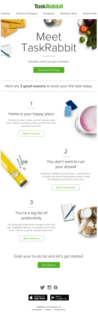 Email design for TaskRabbit featuring a clean layout promoting Single Tasking Day with vibrant colors and user-friendly navigation.