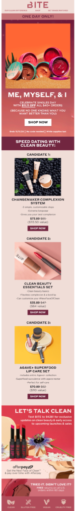 Email design showcasing a vibrant new cosmetic collection for Singles Awareness Day, featuring colorful shades and designs.