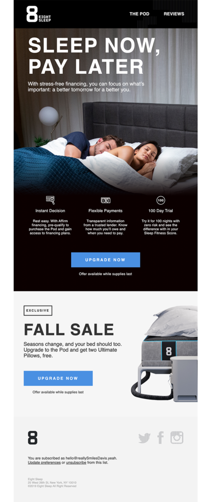 "Sleep Now, Pay Later" promotion, featuring a serene sleep-themed design for Sleep Day.