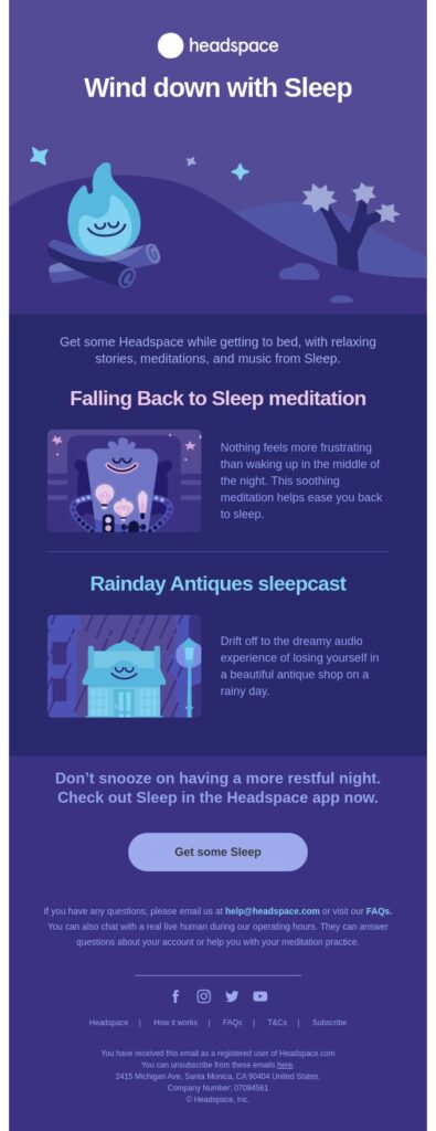 A vibrant blue and purple email displaying "Wind Down with Sleep," promoting relaxation for Sleep Day.
