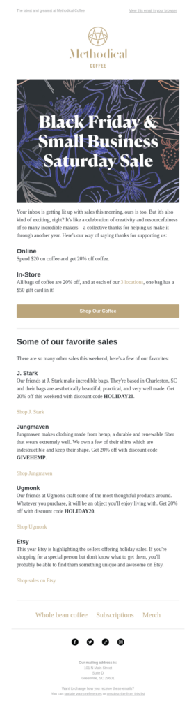Email design showcasing the Black Friday and small business sale.