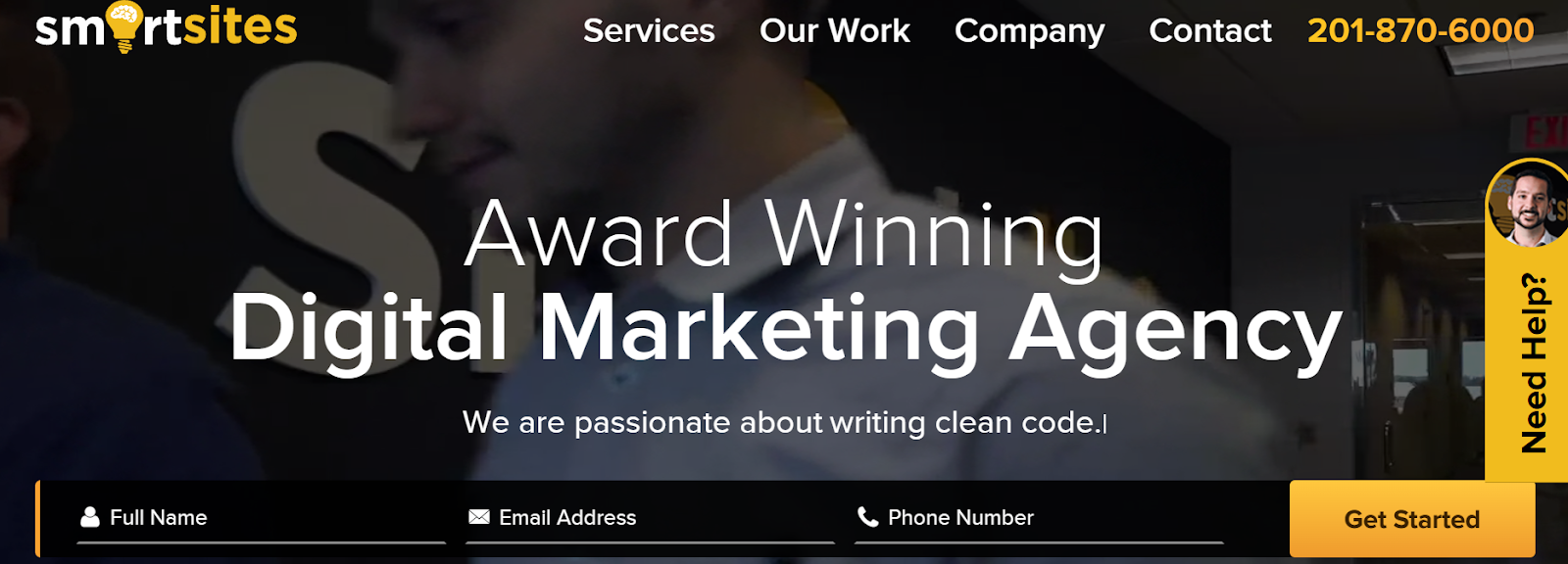 Website homepage of SmartSites, a digital marketing agency showcasing services and client success stories.