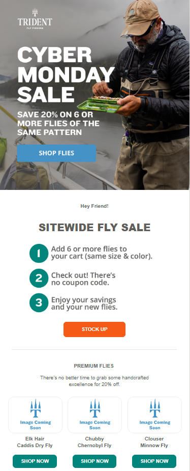 Cyber Monday sale banner for a fly fishing shop, featuring discounts on fishing gear and accessories.