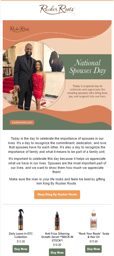 Email newsletter featuring tips for spinal health and celebrating Spouse Day with loved ones.