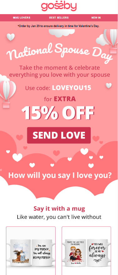 Eye-catching Goshbuy coupon code designed for Spouse Day, offering discounts for a special celebration.