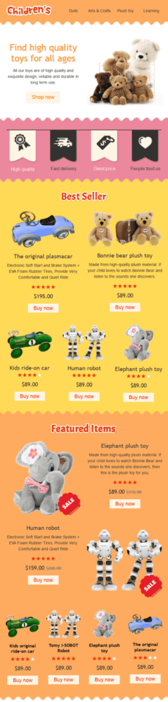 Email design of a toy store website featuring a variety of teddy bears and other toys available for purchase.