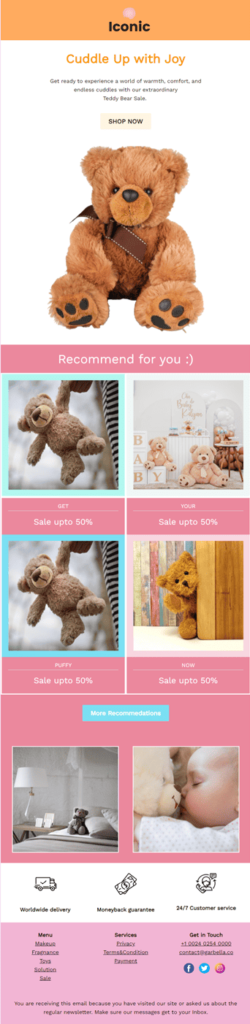 Email design featuring a cute teddy bear, showcasing a playful and inviting layout for a children's product.