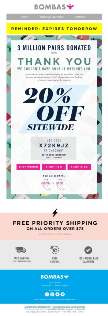 Screenshot of the new Bombas store website, featuring a thank you email for customers.