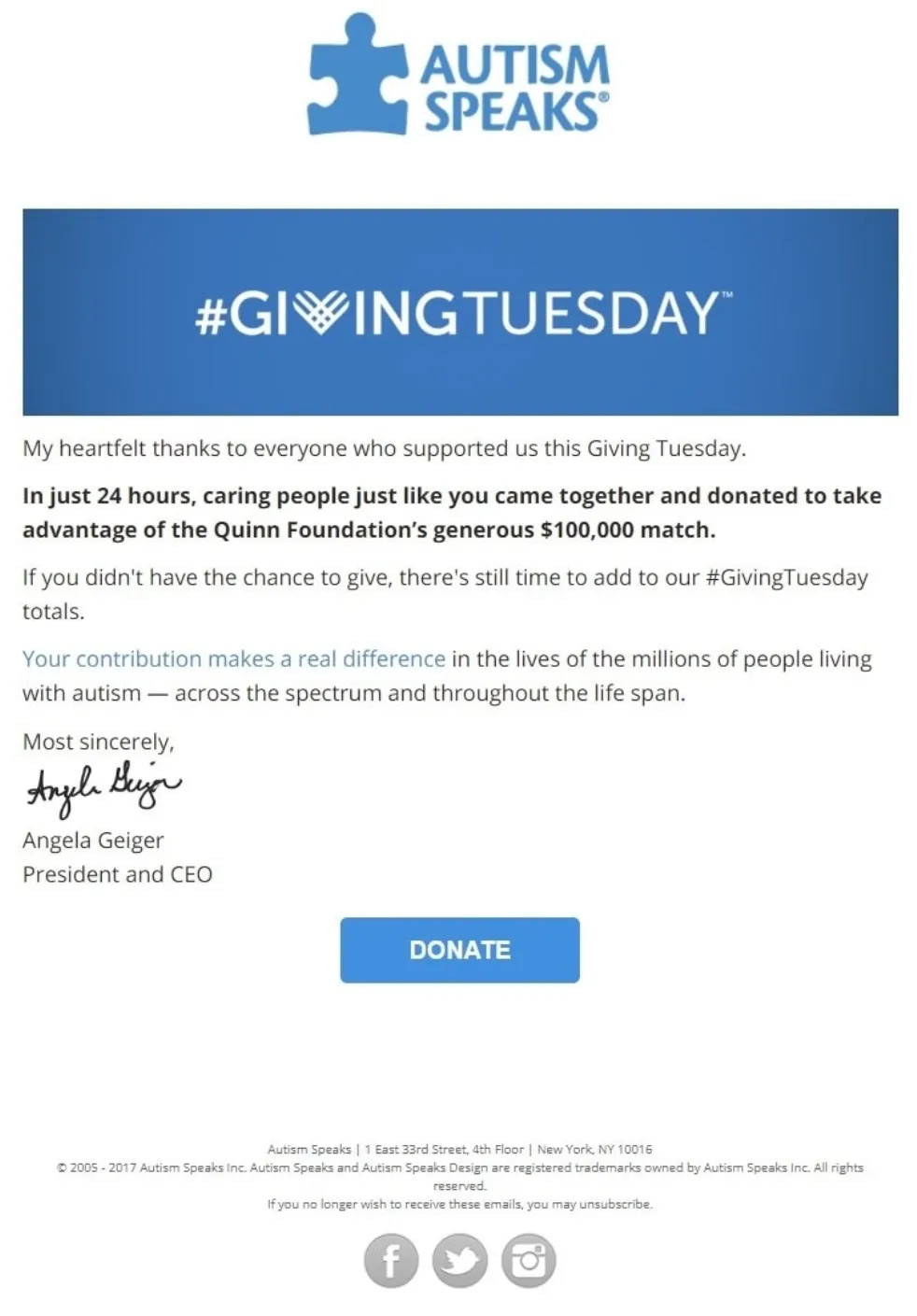 Email from Autism Speaks promoting Giving Tuesday with a call to action for donations and support for autism awareness.