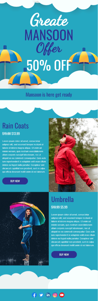 A blue and white flyer featuring a woman holding an umbrella in the rain, promoting Umbrella Day celebrations.