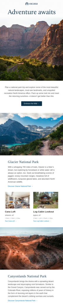 Email design showcasing an adventurous theme, featuring vibrant colors and engaging visuals that invite exploration.