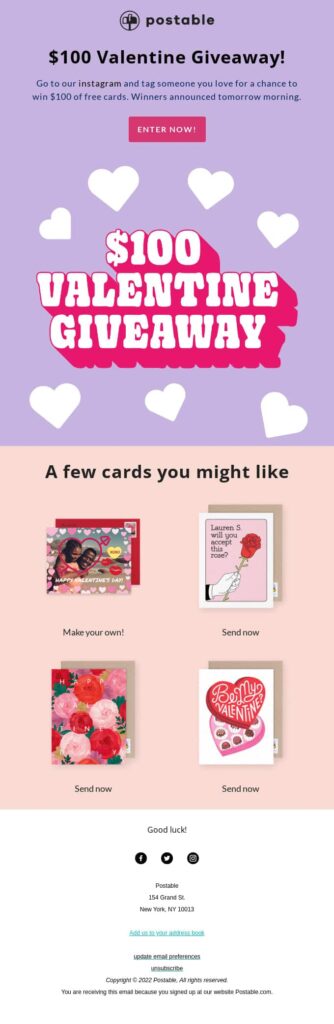 Valentine's Day giveaway promotion by postable.