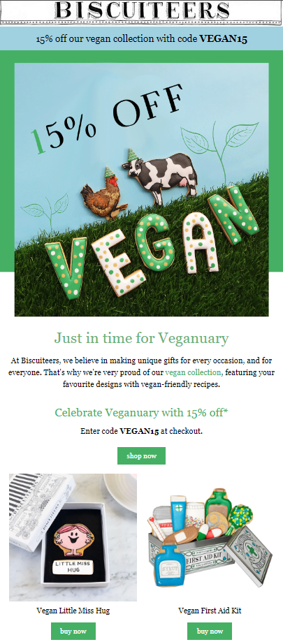A vibrant vegan newsletter titled "Biscutters" featuring recipes and tips for Veganuary enthusiasts.