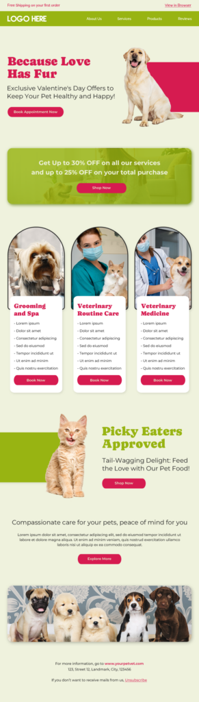 A modern website design showcasing a pet store, featuring vibrant colors and images of various pets and pet products.