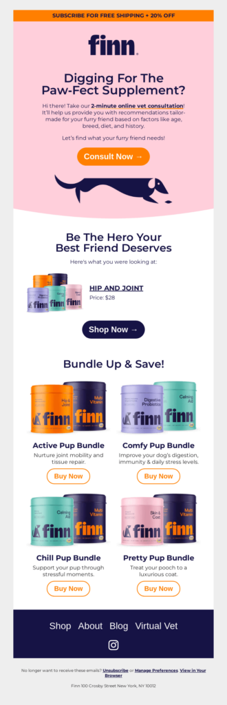 Email design for company specializing in high-quality dog food products and nutrition.