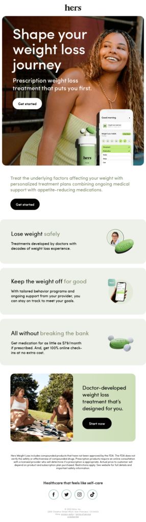 Email design for a weight loss company featuring a "Weigh In Day" theme, showcasing user-friendly navigation and vibrant visuals.