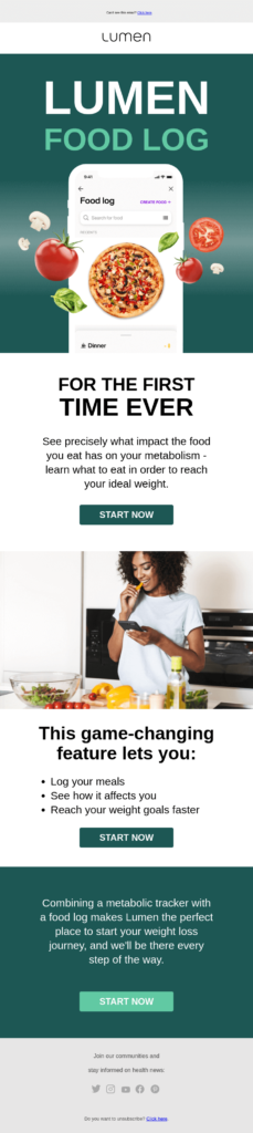 Lumen email design showcasing delicious pizzas, perfect for weigh-in day celebrations and healthy eating choices.